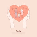 Hands holding greeting card, holiday present, happy couple with little boy, mommy, daddy and son, family love banner