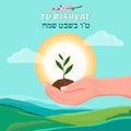 Hands holding growth Plant on green field landscape background. Tu Bishvat in Hebrew