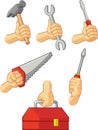 Hands Holding Hammer, Screwdriver, Wrench, Saw & Tool Box