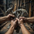 Hands Holding Hammers and Wrench in a Workshop Royalty Free Stock Photo