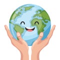 Hands holding happy cartoon earth planet design for earth day, national pollution prevention day, world environment day. Concept