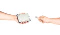 Hands Holding Hard Drive Versus Small Flash Memory Stick Royalty Free Stock Photo