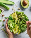 Hands holding healthy fresh summer salad with avocado, kiwi, apple, cucumber, pear, greens and sesame with smoothie on light Royalty Free Stock Photo