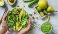 Hands holding healthy fresh summer salad with avocado, kiwi, apple, cucumber, pear, greens and sesame with smoothie on light Royalty Free Stock Photo