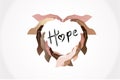 Hands around hope word love heart shape logo vector Royalty Free Stock Photo