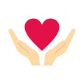 Hands holding heart icon, flat style