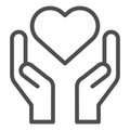 Hands holding heart line icon. Charity and love shape in palms symbol, outline style pictogram on white background Royalty Free Stock Photo