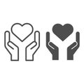 Hands holding heart line and solid icon. Charity and love shape in palms symbol, outline style pictogram on white Royalty Free Stock Photo