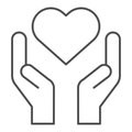 Hands holding heart thin line icon. Charity and love shape in palms symbol, outline style pictogram on white background Royalty Free Stock Photo