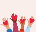 Hands holding a heart, together different people help and care, multiethnic group of volunteers, charity concept, vector illustrat Royalty Free Stock Photo