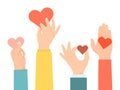 Hands holding a hearts vector illustration. Many hands hold hearts to give and share love to people concept. Charity Royalty Free Stock Photo