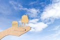 Hands holding home family tree sky background Royalty Free Stock Photo