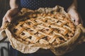 Hands holding homemade delicious apple pie. Close up