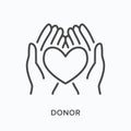 Hands holding human heart flat line icon. Vector outline illustration of organ donor. Cardiology thin linear medical Royalty Free Stock Photo