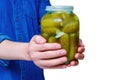 Hands Holding a Jar of Pickled Cucumbers Royalty Free Stock Photo