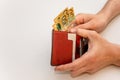 Hands holding leather wallet with australian dollars 50 banknotes.