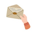 Hands holding letter. Envelope with greeting. Cute illustration of postcrossing. Handmade paper.