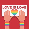 Hands holding lgbt posters. People crowd with rainbow flag, gender signs and hearts, lgbtq community, pride month. Gay parade Royalty Free Stock Photo