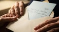 Hands holding a light beige envelope with a letter partially pulled out. The letter is addressed in Royalty Free Stock Photo
