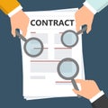 Hands holding a magnifying glass with contract. Concept of searching, detecting and analyzing. illustration in flat design