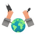 Hands holding mains charger with cord.Earth. Clipart