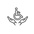 Hands holding a man in a wheelchair. Inclusion and diversity icon and logo