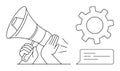 Megaphone with Sound Waves, Cogwheel, and Speech Bubble Representing Communication and Collaboration Royalty Free Stock Photo