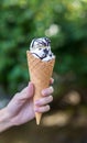 Hands holding melting ice cream waffle cone in hands on summer light nature background Royalty Free Stock Photo