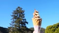 Hands holding melting ice cream waffle - ice cream cone chocolate and vanilla on nature outdoors and tree blue sky background Royalty Free Stock Photo