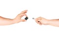 Hands Holding Memory Card Versus Flash Memory Stick Royalty Free Stock Photo