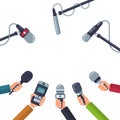 Hands holding microphones, press conference vector concept