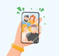 Hands holding mobile phone with happy boys and girls displaying on screen. Friends posing for selfie, group of people Royalty Free Stock Photo