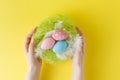 Hands holding modern painted easter egg in a small nest Royalty Free Stock Photo