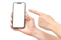 Hands holding modern phone, finger showing on a screen area isolated on white