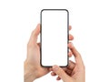 Hands holding a modern smartphone with a blank screen isolated on white background Royalty Free Stock Photo