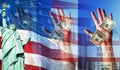 Hands Holding Money and The American Flag and Statue of Liberty Royalty Free Stock Photo