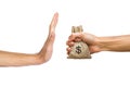 A hands holding money bag and rejecting hand to receive money of Royalty Free Stock Photo