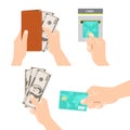 Hands holding money, credit card and purse Royalty Free Stock Photo