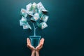 Hands holding money tree made by us dollar bills. Business, saving, growth, economic concept. Investors strategy Royalty Free Stock Photo