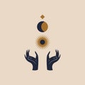 Hands holding Moon and Sun. Sacred geometry. Magic concept. Vector illustration. Royalty Free Stock Photo