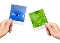 Hands holding nature photos water and plant Royalty Free Stock Photo