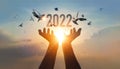 .Hands holding of new year 2022 silhouette with flying of free bird enjoying nature on sunset background, Happy New Year concept Royalty Free Stock Photo