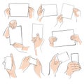 Hands holding objects or paper by edges isolated icons