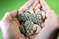 Hands holding one Dollar origami hearts on a green background