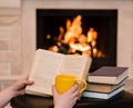 Hands holding open book and cup of coffee near the fireplace