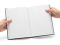 Hands holding open notebook isolated on white background Royalty Free Stock Photo