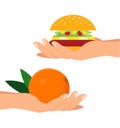 Hands Holding Orange and Burger Flat Illustration