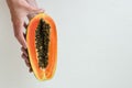 Hands holding a papaya slice. Royalty Free Stock Photo