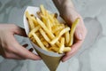 hands holding a paper cone filled with belgian fries Royalty Free Stock Photo