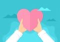 Hands holding paper love heart. Charity and volunteer concept. Donate giving campaign. Vector